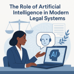 Illustration of a legal professional interacting with AI technology in a modern courtroom setting